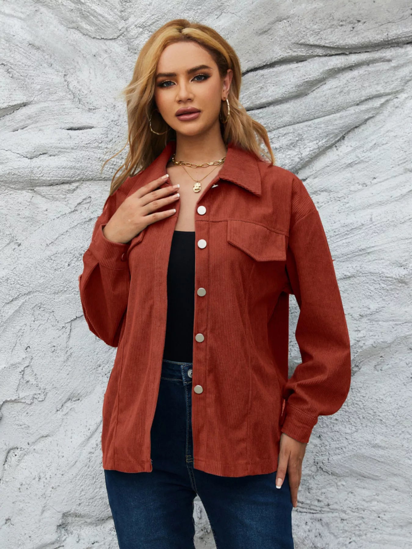 Casual Corduroy Button-Down Jacket OutfitFlow