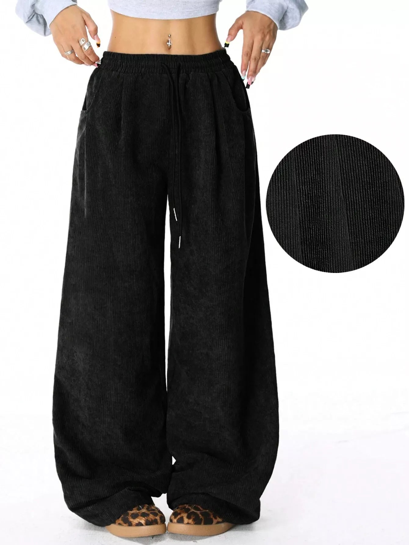 Corduroy Wide Leg Pants Black OutfitFlow