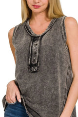 Zenana Washed Half-Button Raw Edge Sleeveless Henley Top OutfitFlow