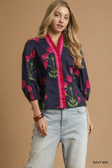 Umgee Floral Print Ruffle Trim Puff Sleeve Blouse NAVY MIX Trendsi