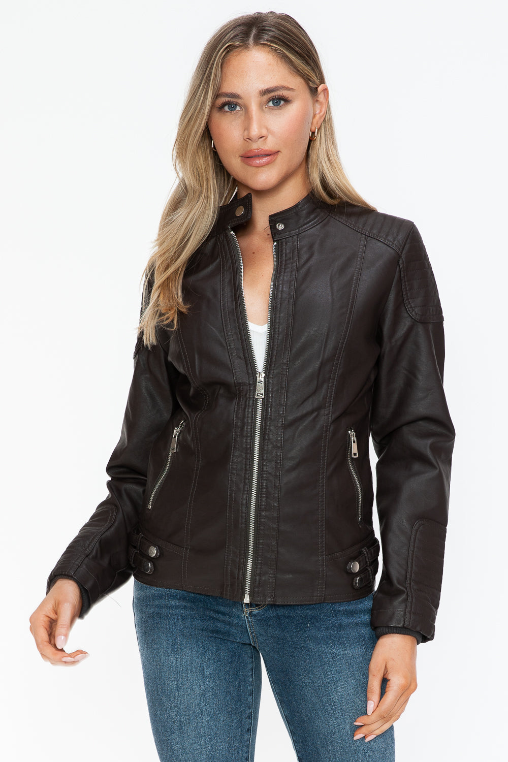 Outfit Flow - Snobbish Faux Leather Biker Jacket with Side Zip Pockets