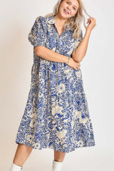 Umgee Full Size Printed Smocked Cuff Puff Sleeve Midi Dress Plus Size OutfitFlow