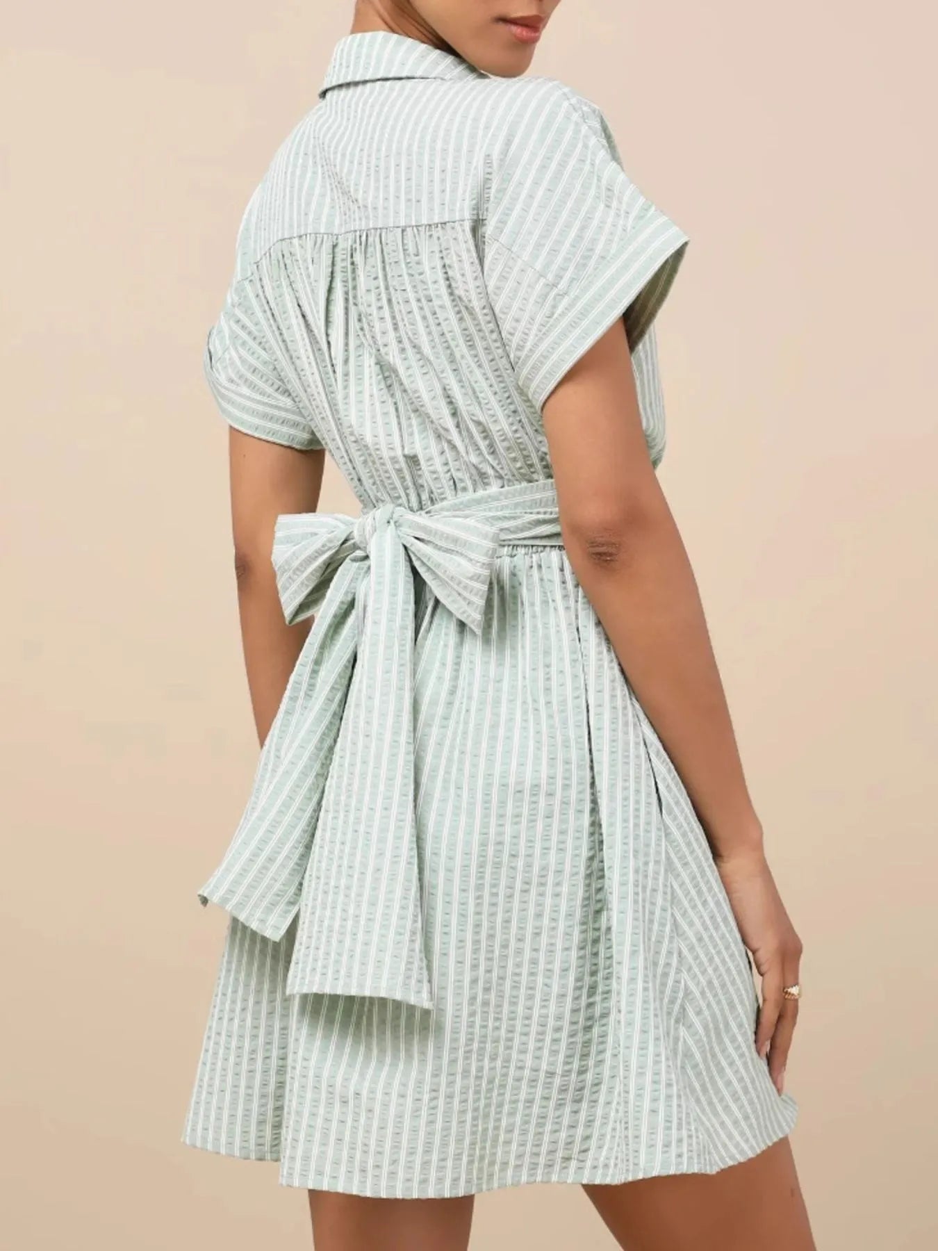 Striped Cutout Front Short Sleeve Shirt Dress OutfitFlow