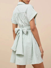 Striped Cutout Front Short Sleeve Shirt Dress OutfitFlow