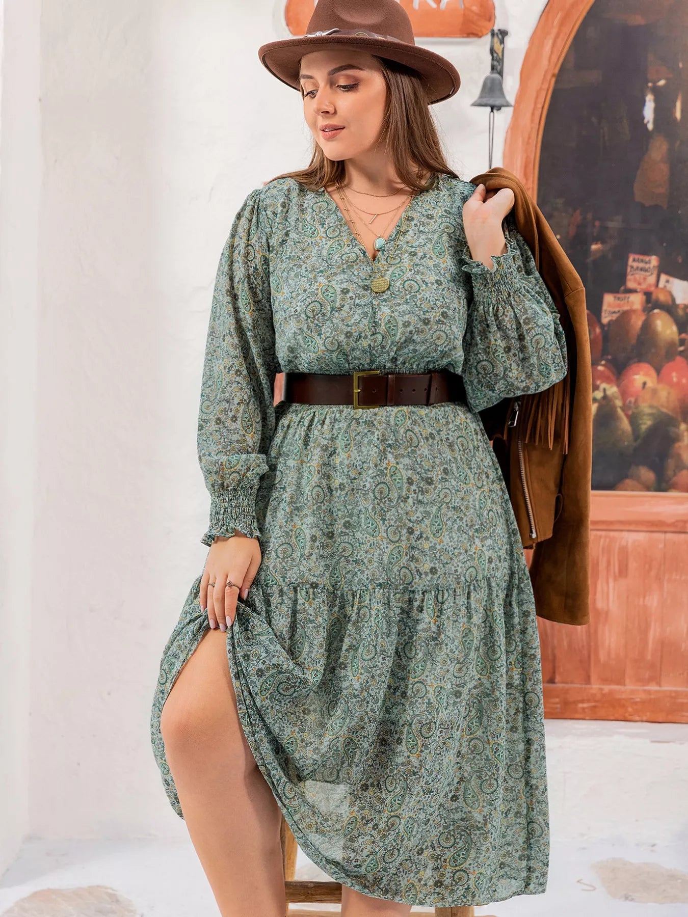 Plus Size Printed V-Neck Long Sleeve Midi Dress OutfitFlow