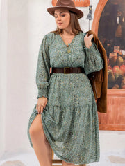 Plus Size Printed V-Neck Long Sleeve Midi Dress OutfitFlow