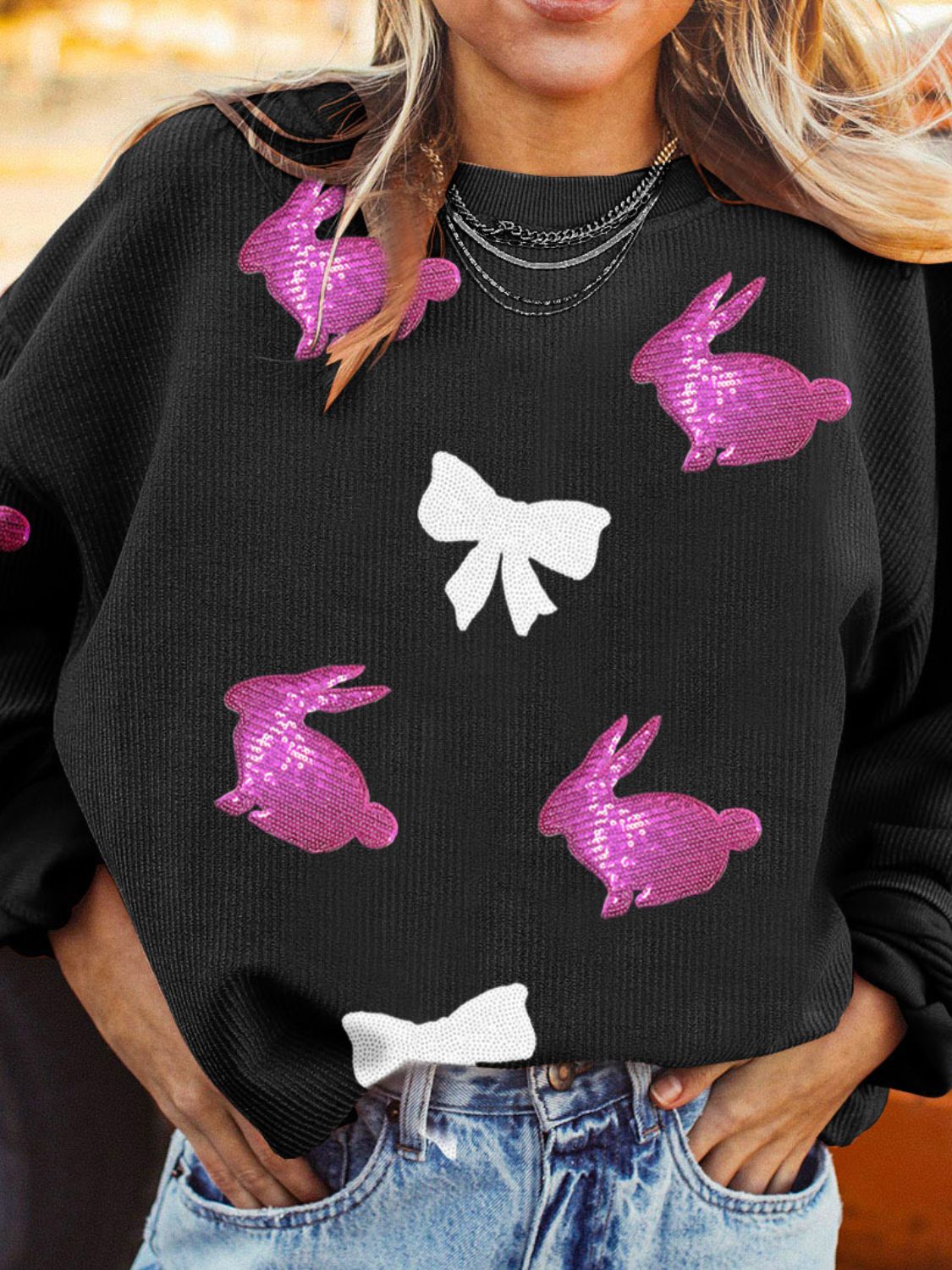 Sequin Bunny Bow Easter Corded Rib Sweatshirt Black OutfitFlow