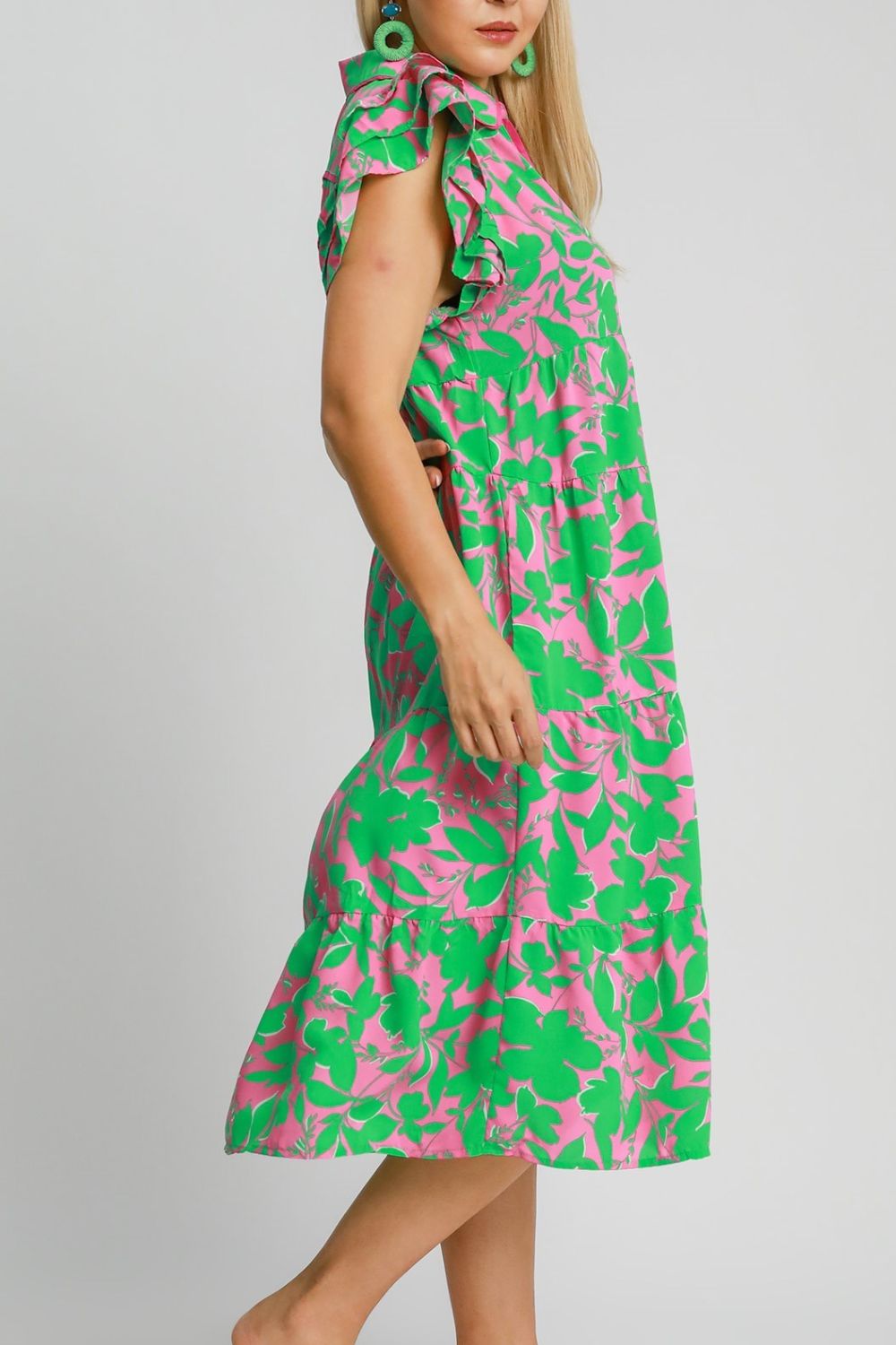 Umgee Full Size Floral Collared Ruffle Cap Sleeve Midi Dress Plus Size OutfitFlow
