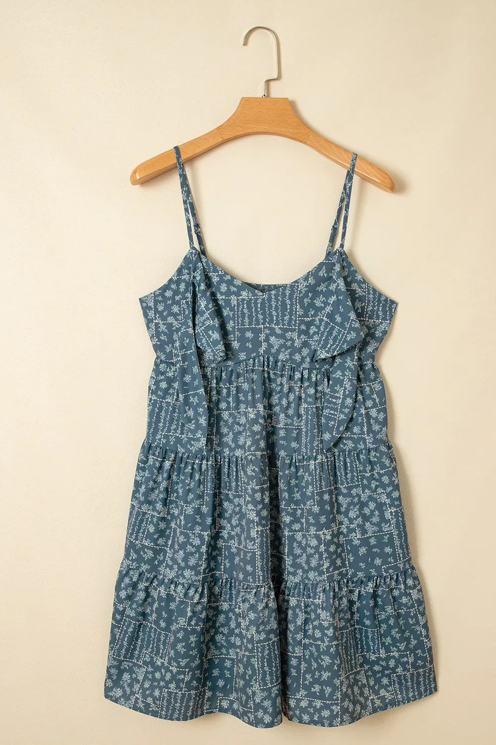 Spaghetti Straps Floral Print Knot Detail High Waist Flared Dress OutfitFlow