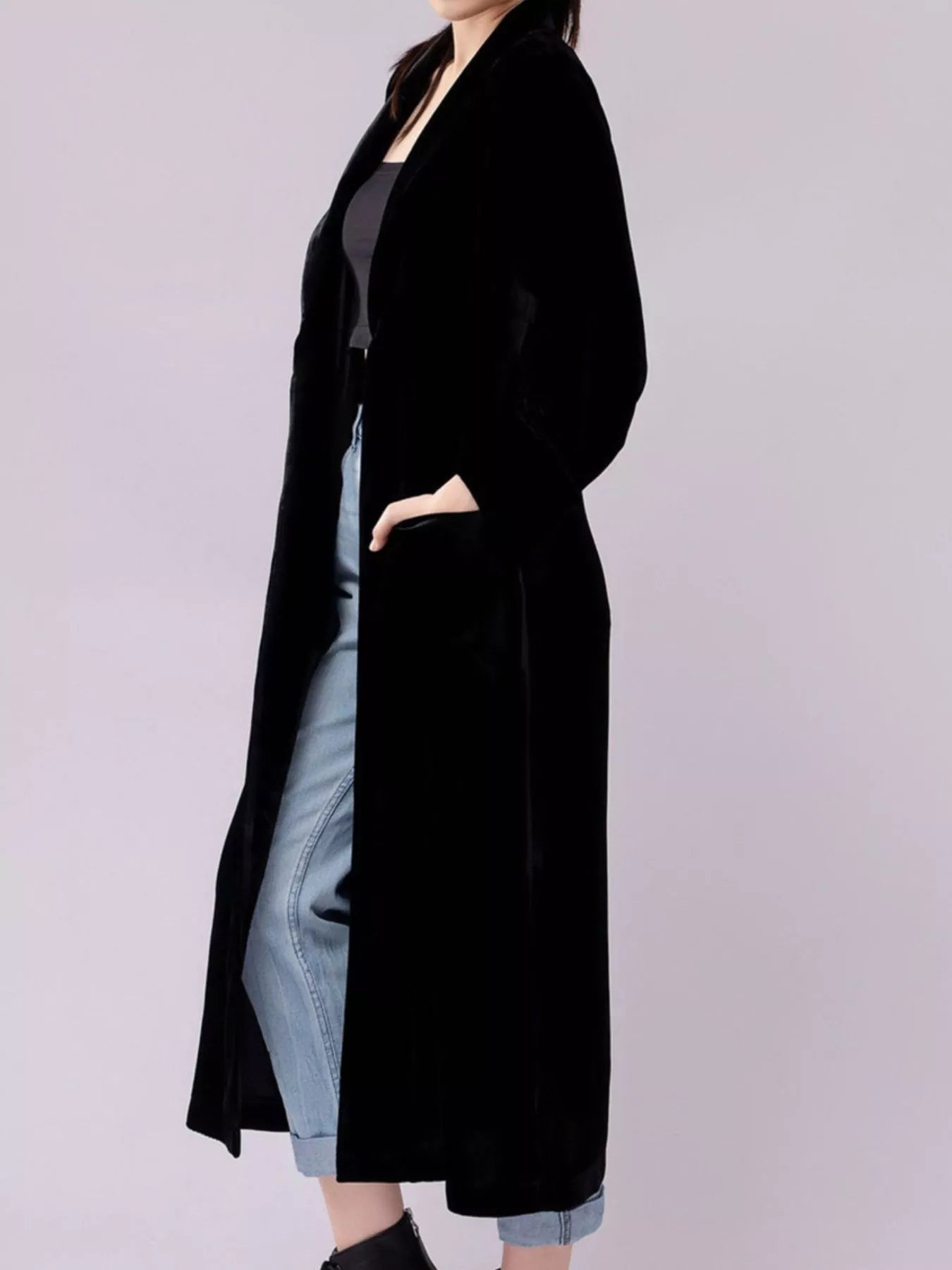 Velvet Lapel Collar Longline Coat Trendsi