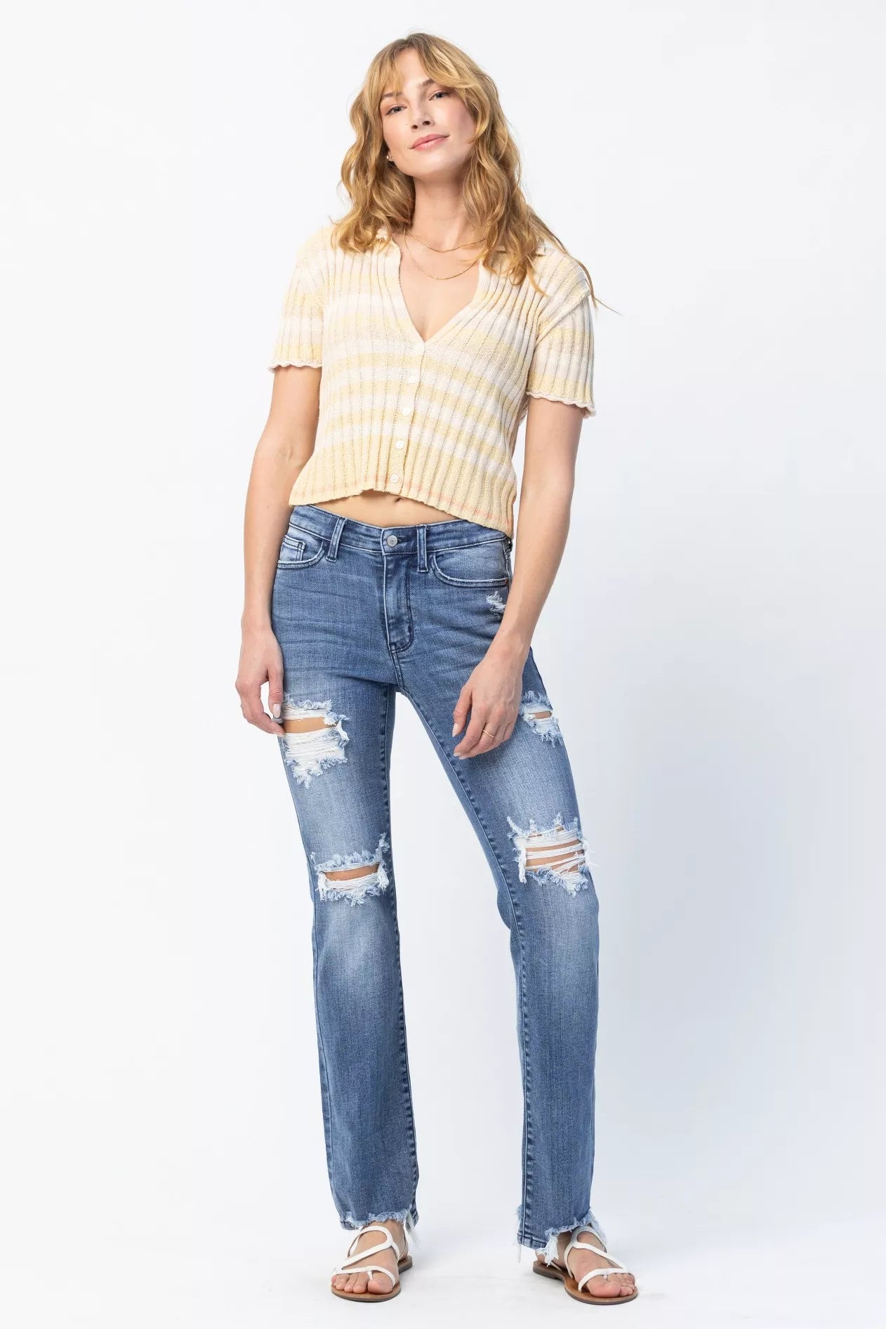Judy Blue Full Size Mid Rise Destroy Straight Jeans Plus Size OutfitFlow