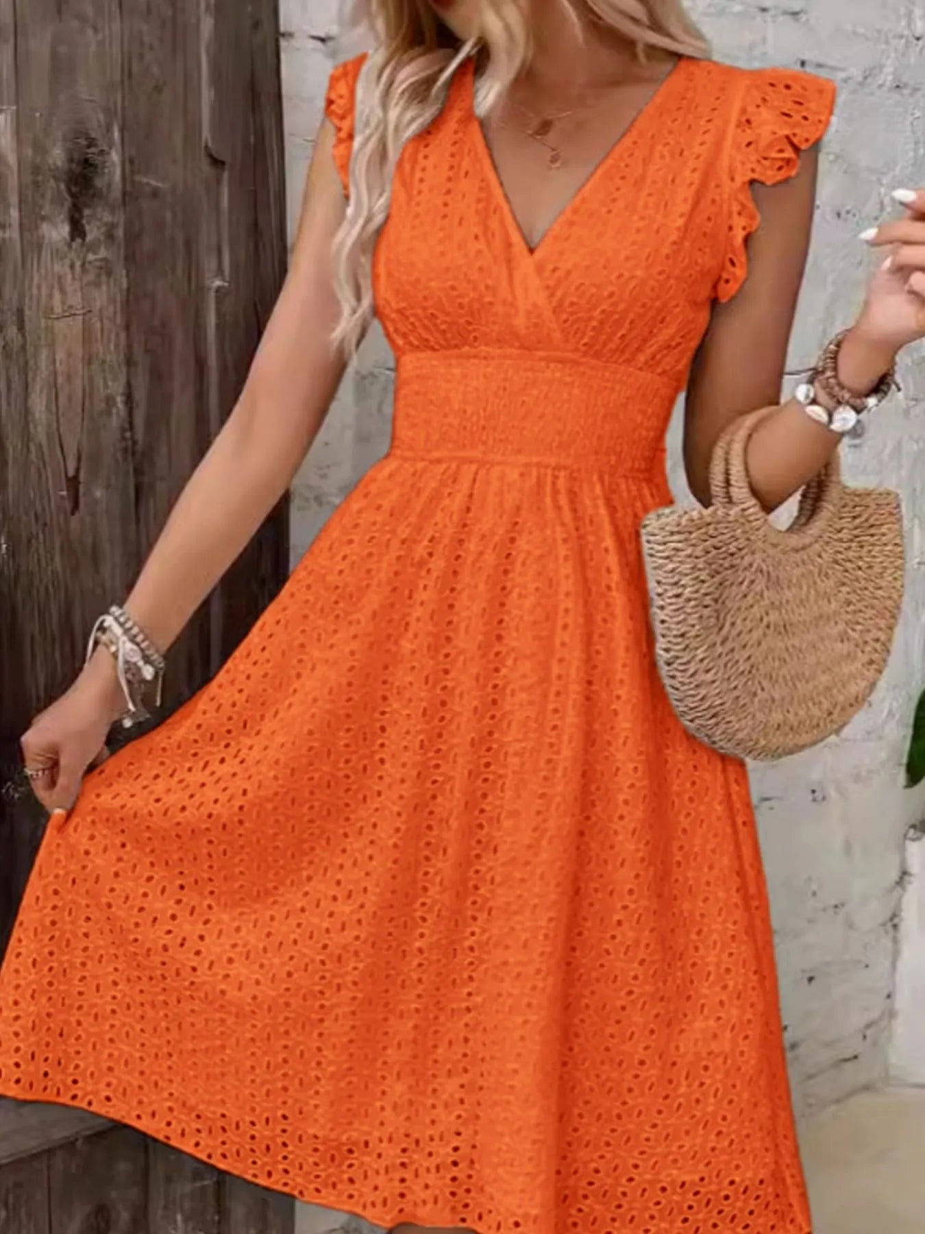 Eyelet Ruffled Cap Sleeve Mini Dress OutfitFlow