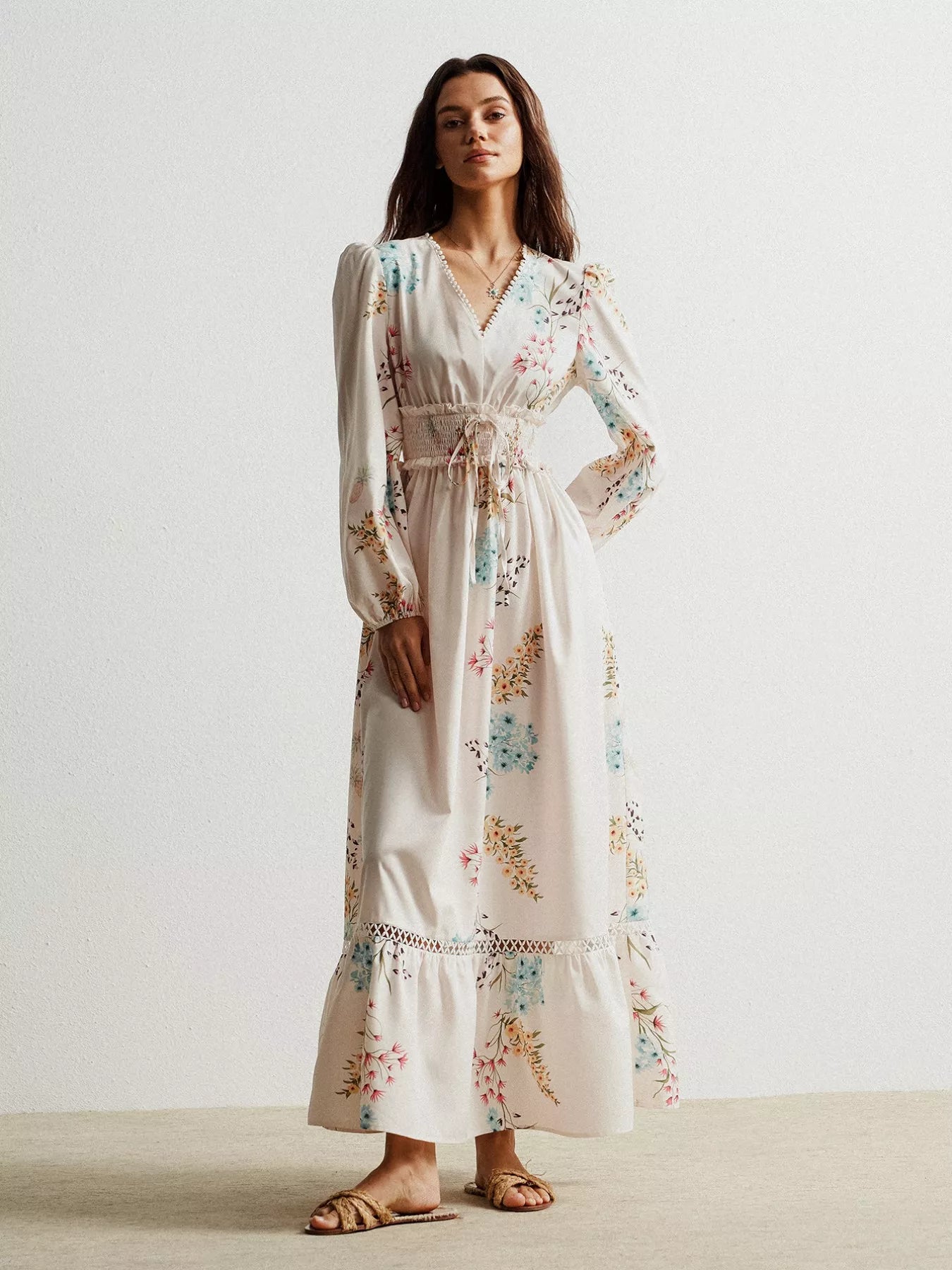 Floral Print Long Sleeve Maxi Dress with Smocked Waist OutfitFlow