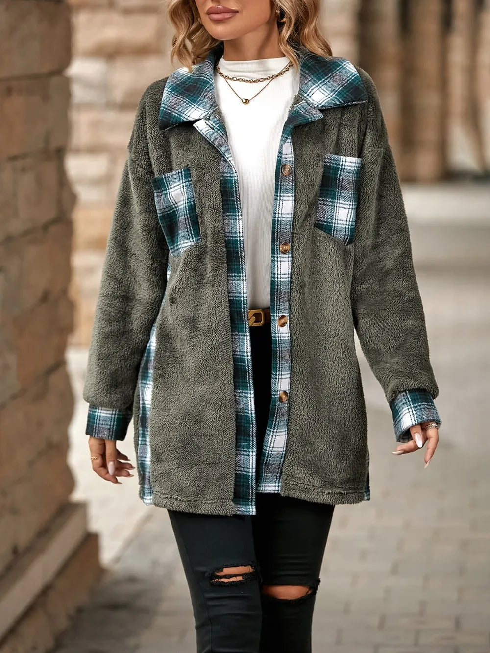 Plaid Contrast Dropped Shoulder Coat Dark Gray OutfitFlow