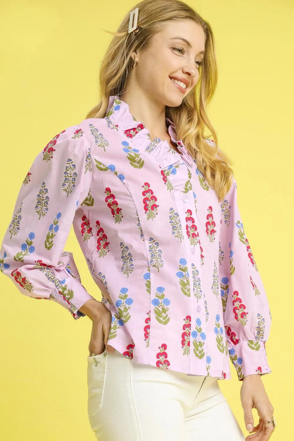 Umgee Floral Print Lantern Sleeve Button Down Shirt OutfitFlow