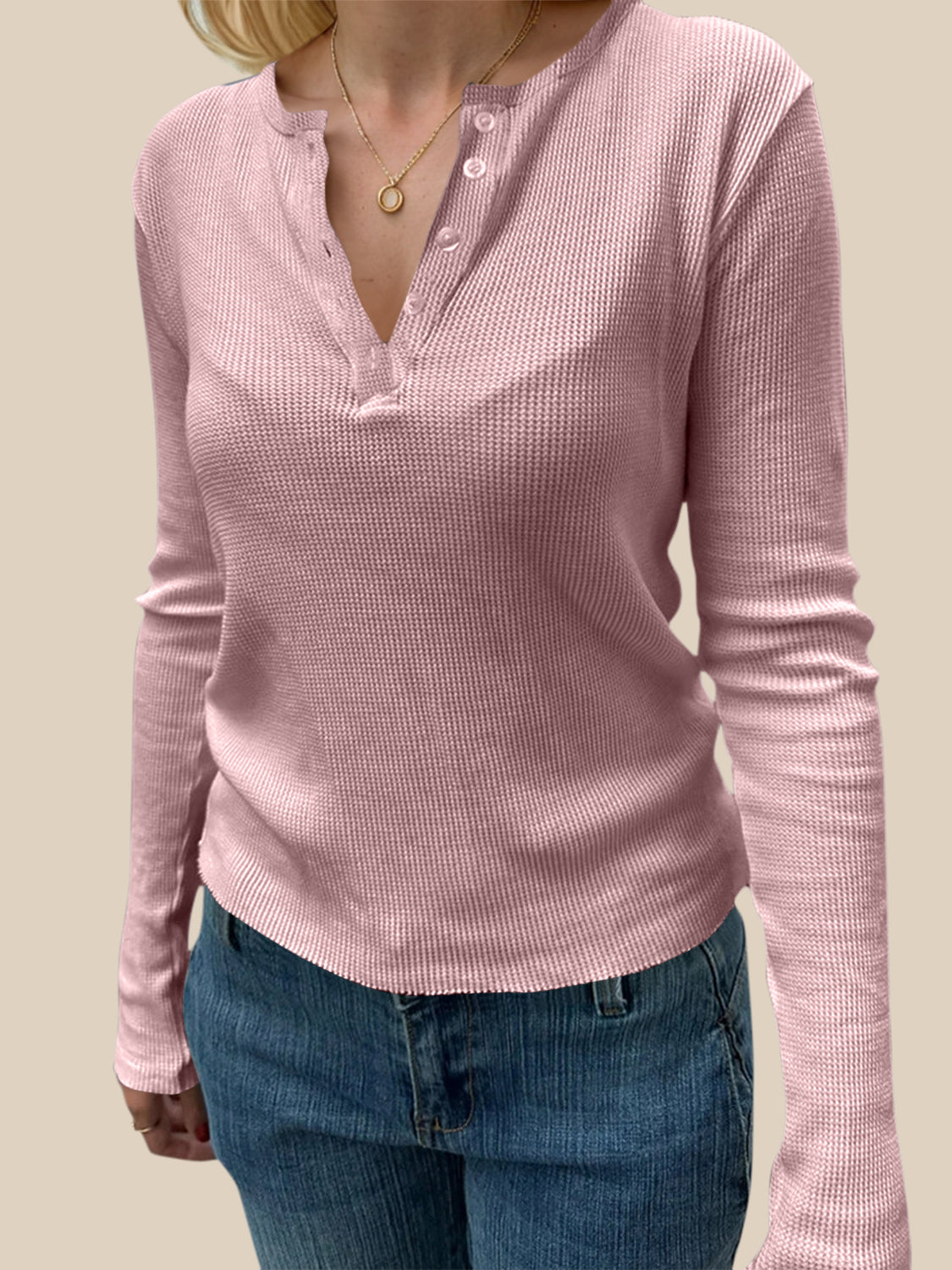 Devine Quarter Button Long Sleeve T-Shirt Dusty Pink OutfitFlow