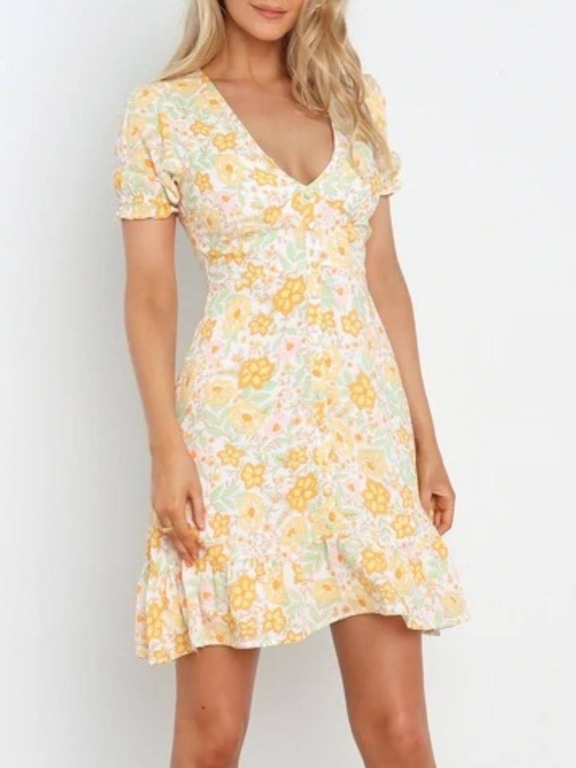 Ruffled Hem Printed Short Sleeve Mini Dress OutfitFlow