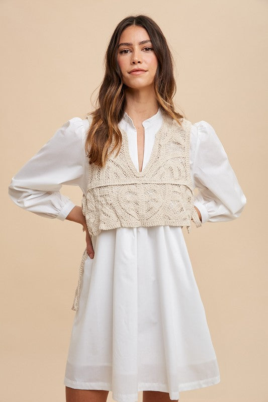 Annie Wear Crochet Vest Notched Long Sleeve Shirt Dress