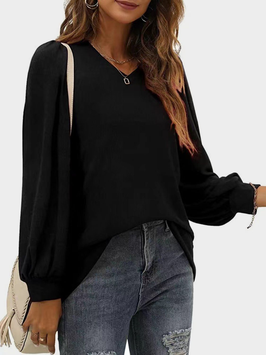 Outfit Flow - Heathered V-Neck Long Sleeve T-Shirt