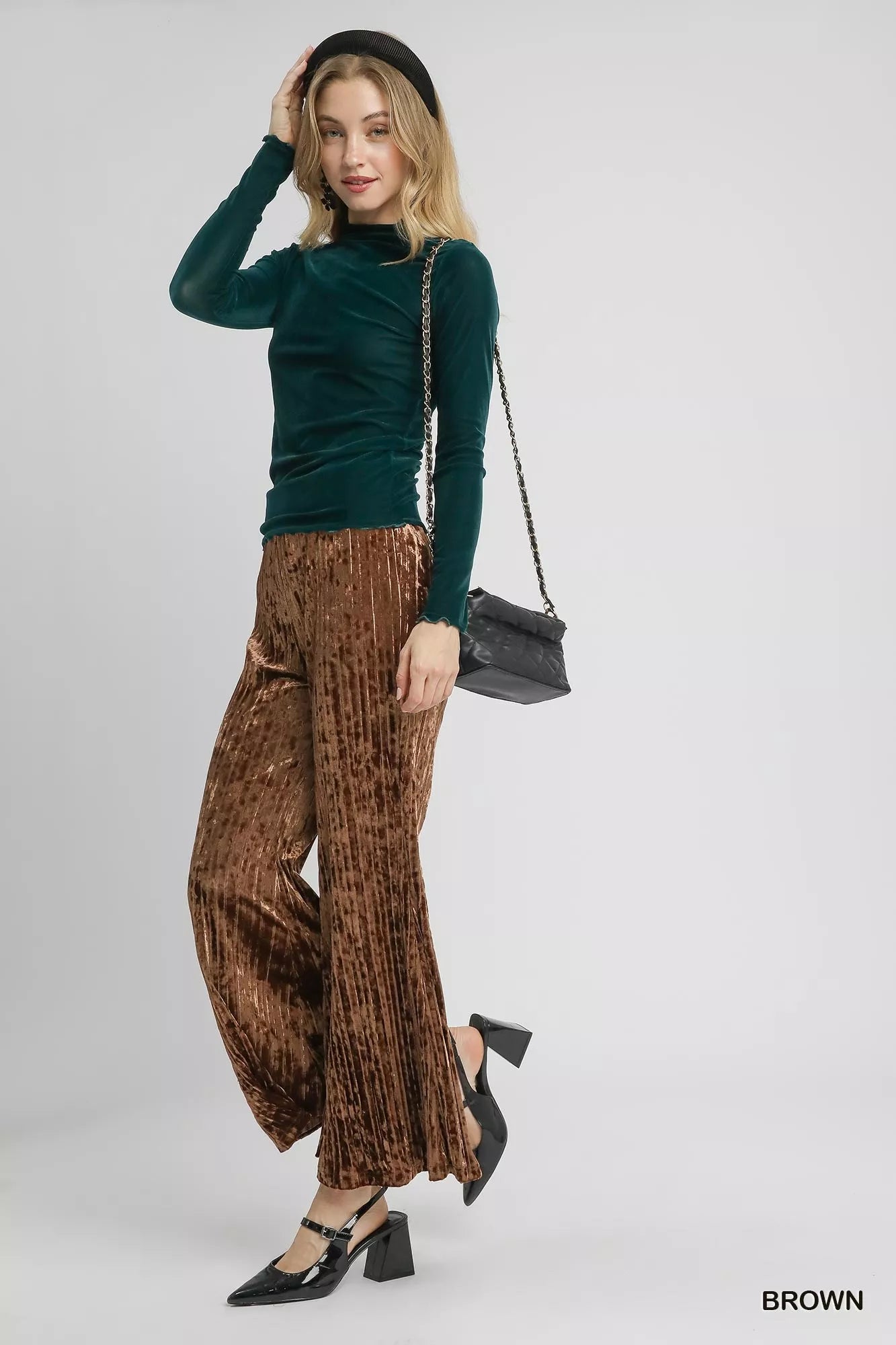 Umgee Velvet Pleated Wide Leg Pants Trendsi
