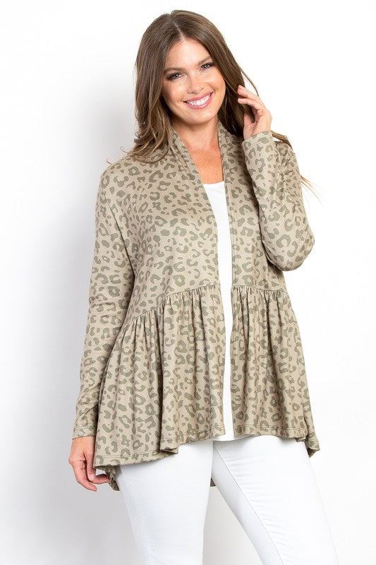 Be Stage Full Size Peplum Leopard Open Front Long Sleeve Cardigan OutfitFlow