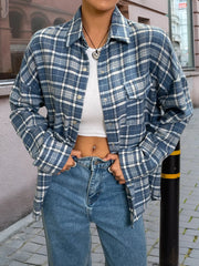 Plaid Button Up Long Sleeve Shirt Blue OutfitFlow