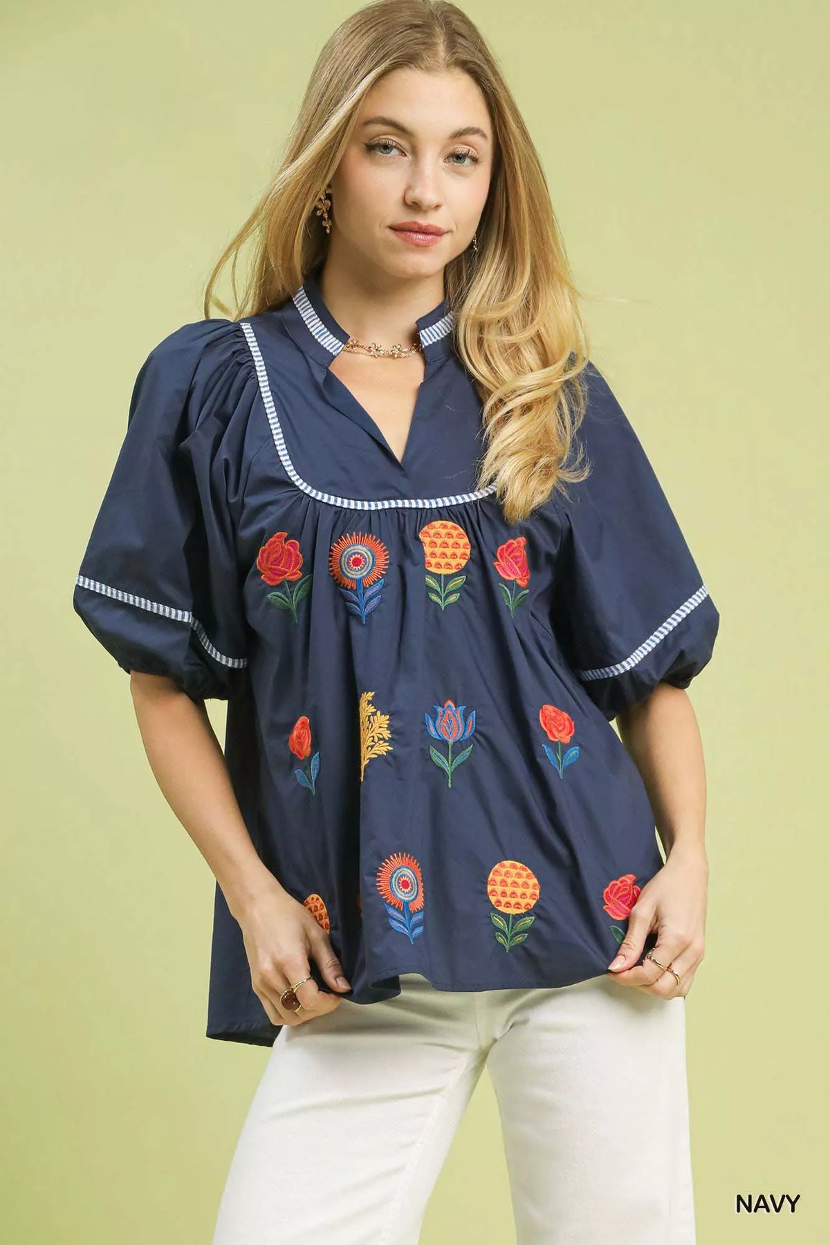 Umgee Embroidered Floral Puff Sleeve Top NAVY OutfitFlow