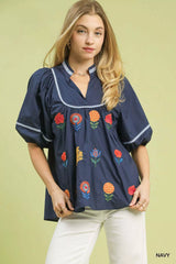 Umgee Embroidered Floral Puff Sleeve Top NAVY OutfitFlow