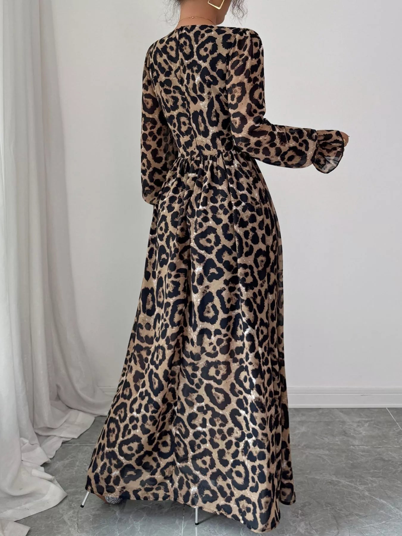 Leopard Sweetheart Neck Flounce Sleeve Maxi Dress OutfitFlow