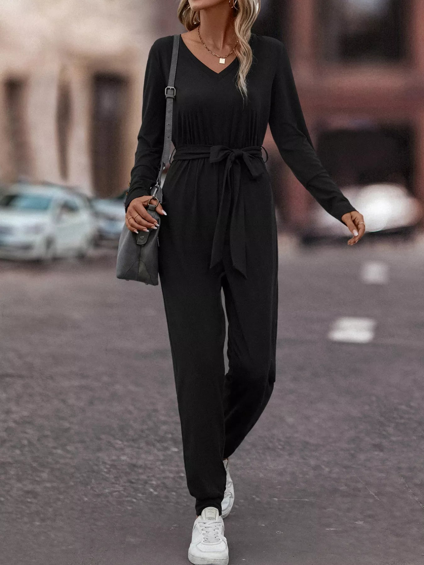 V-Neck Long Sleeve Tie Waist Jumpsuit OutfitFlow