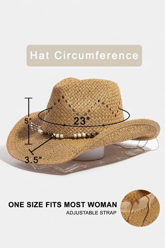 Fame Mixed Beaded Strap Western Fedora Straw Hat OutfitFlow