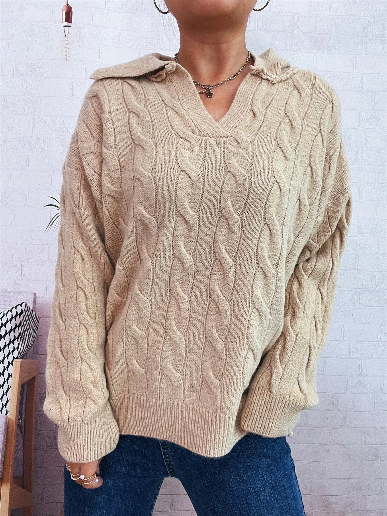 Cable Knit Johnny Collar Sweater Trendsi