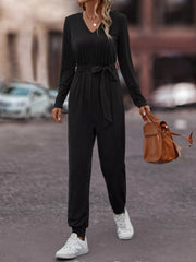V-Neck Long Sleeve Tie Waist Jumpsuit OutfitFlow