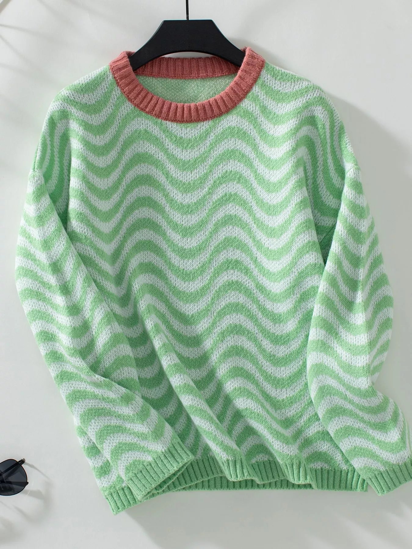 Wavy Striped Round Neck Sweater Trendsi