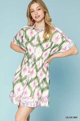 Umgee Ethnic Print Short Sleeve Mini Shirt Dress OLIVE MIX Trendsi