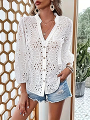 Eyelet Button Up Notched Shirt OutfitFlow