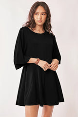 Davi & Dani Solid Draped Sleeve Ties Back Skort Romper BLACK OutfitFlow