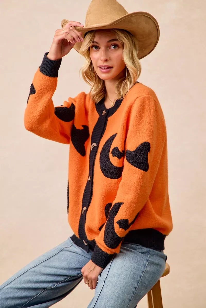 BiBi Halloween Witch Hat Moon Bat Artwork Cardigan Trendsi