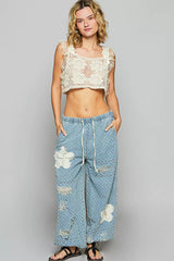 POL Floral Patch Washed Textured Twill Pants with Crochet See Thru Patch OutfitFlow