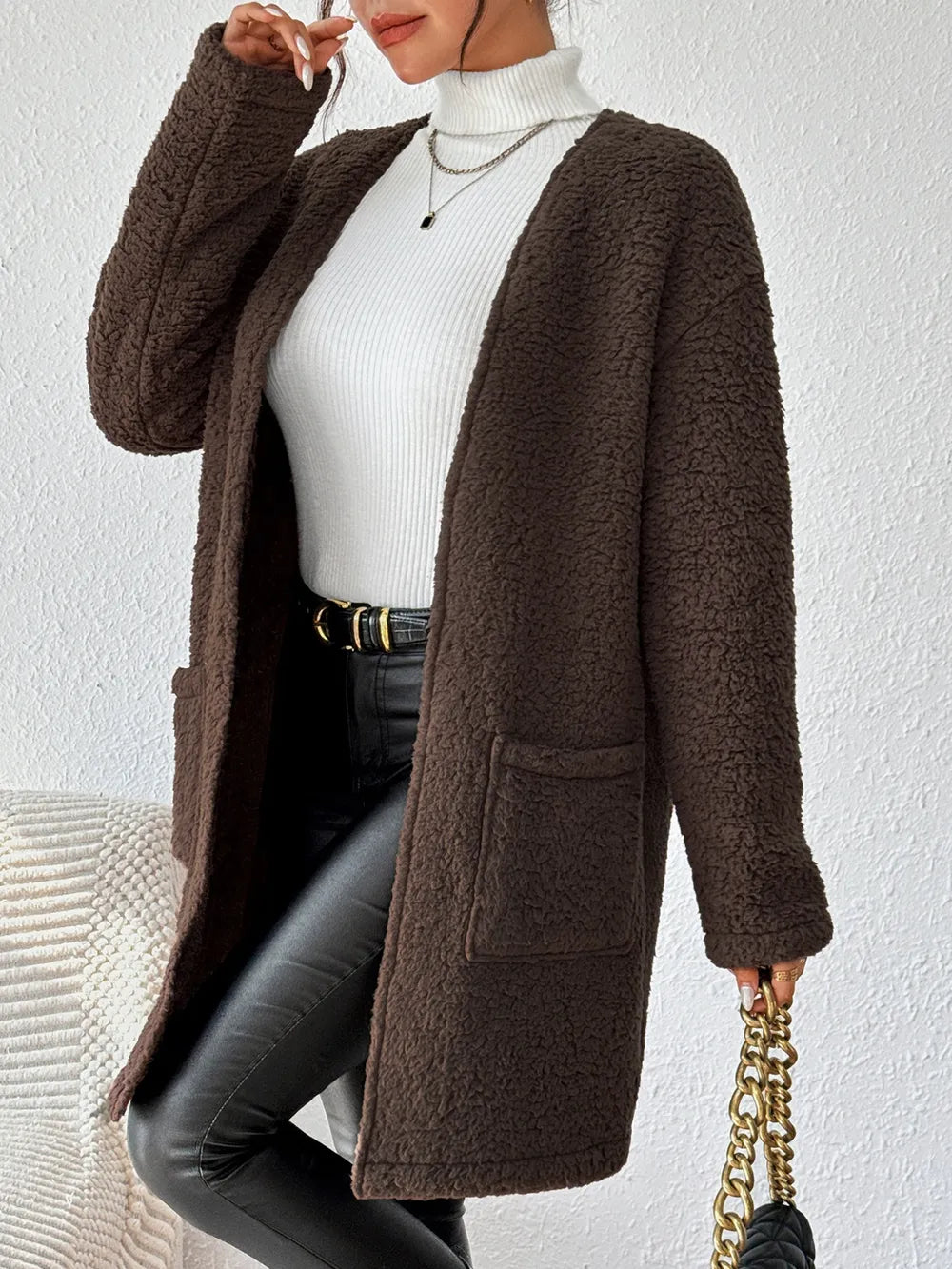 Open Front Long Sleeve Winter Coat OutfitFlow