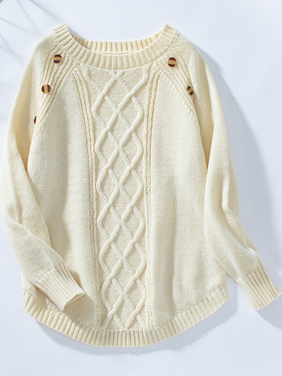 Outfit Flow - Decorative Button Round Neck Raglan Sleeve Sweater