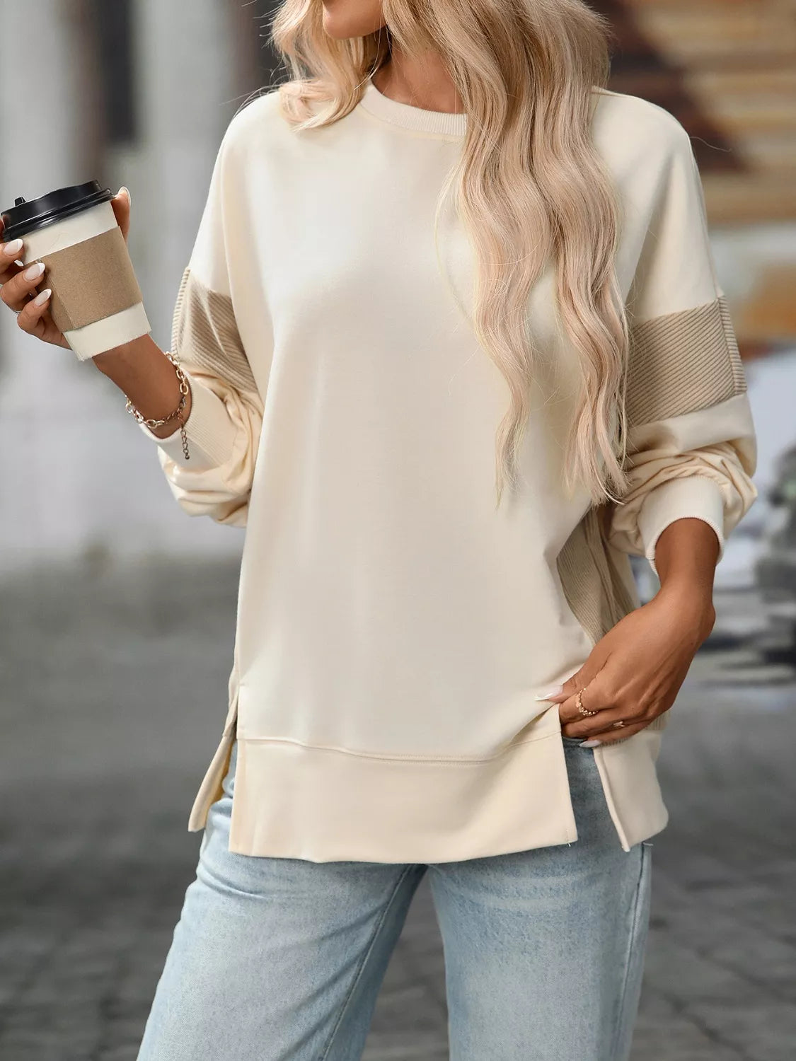 Side Slit Round Neck Sweatshirt OutfitFlow