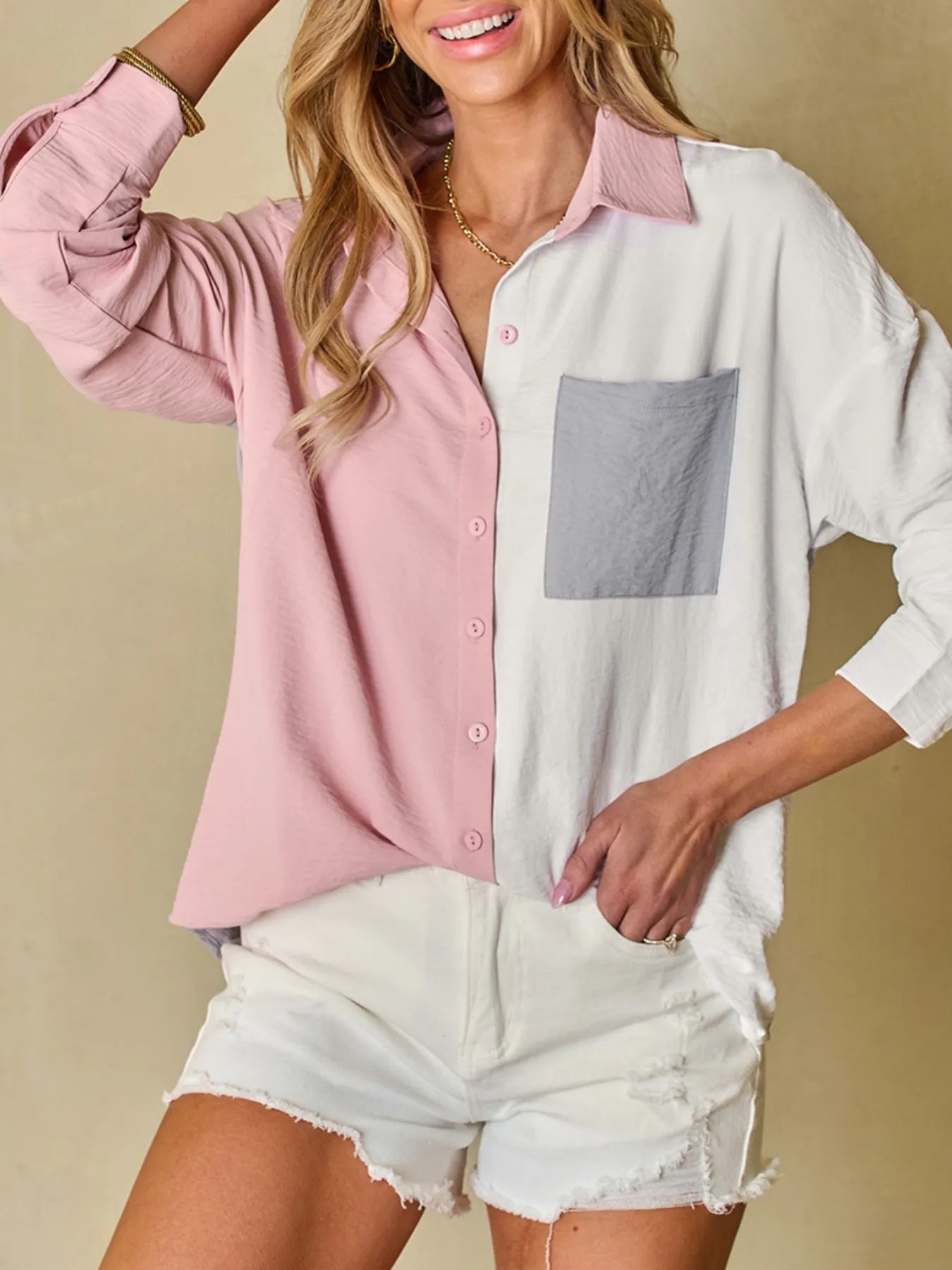 Color Block Oversized Button-Up Shirt with Chest Pocket OutfitFlow