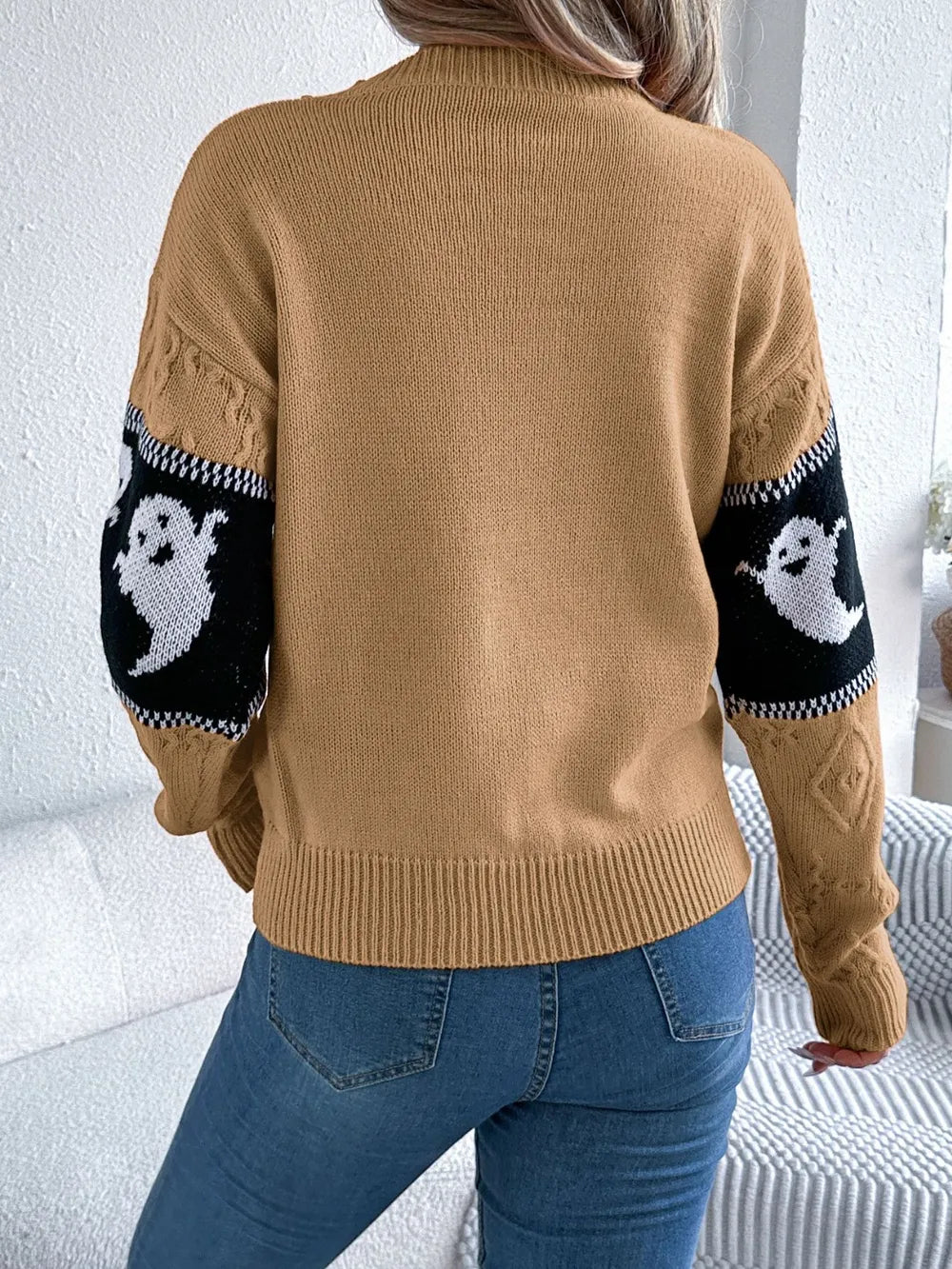 Ghost Round Neck Long Sleeve Sweater OutfitFlow