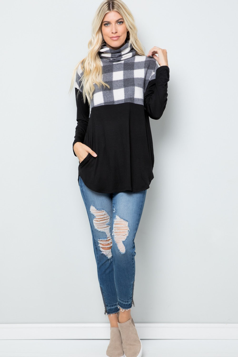 Outfit Flow - Celeste Full Size Pocketed Plaid Turtleneck Long Sleeve Blouse