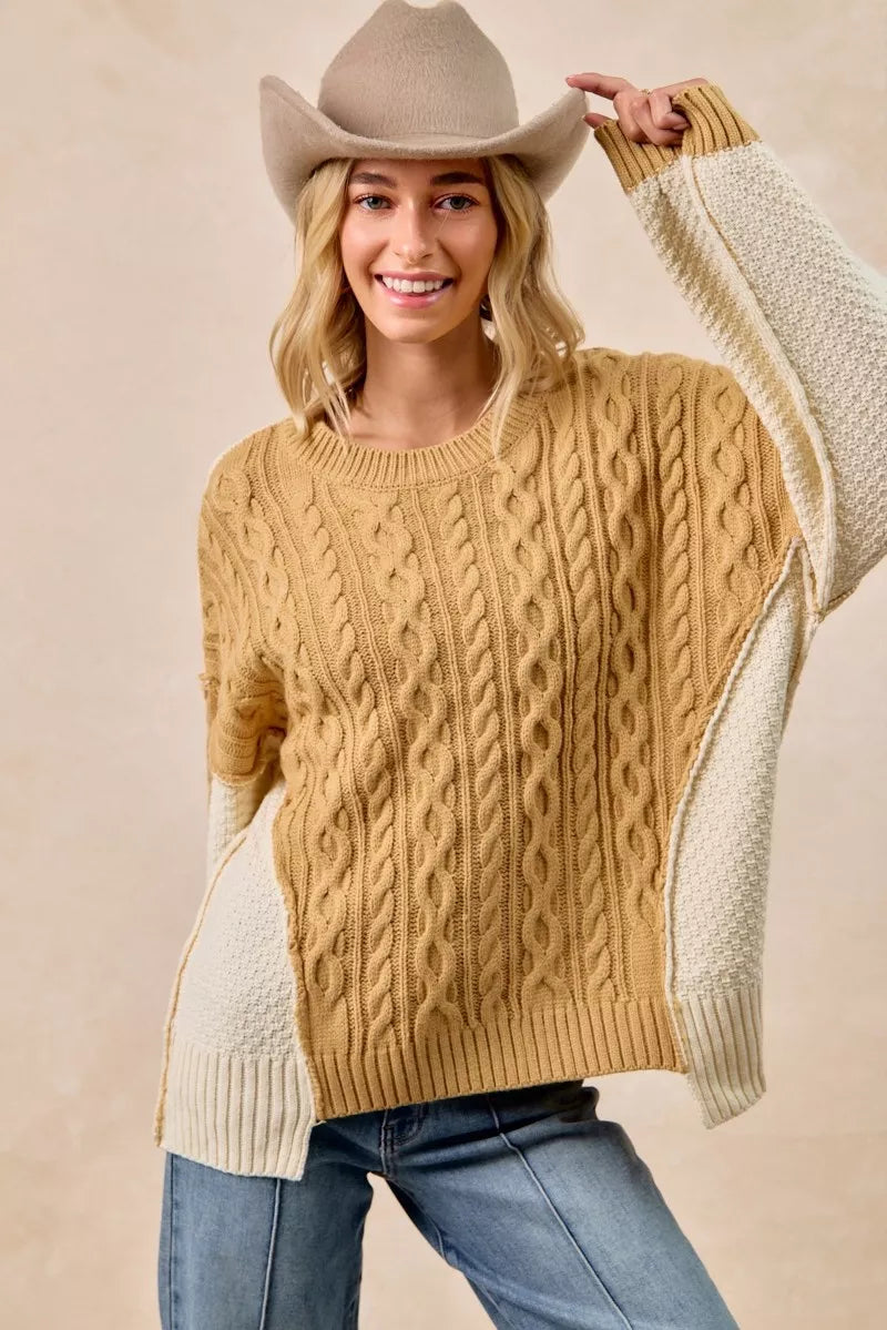 BiBi Cable Knit With Hacci Combo Sweater With Uneven Hem Detail Trendsi