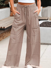 Mineral Wash Exposed Seam Drawstring Elastic Waistband Wide Leg Cargo Pants Mocha OutfitFlow