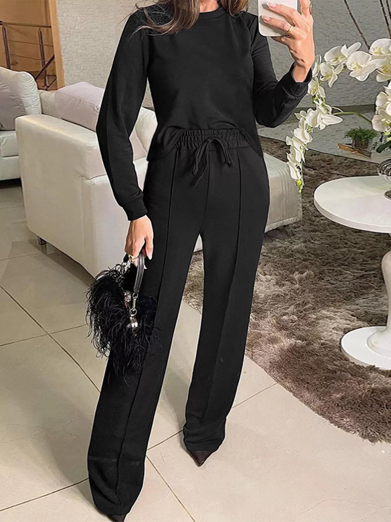 Solid Color Long Sleeve Top & Wide Leg Pants Set OutfitFlow