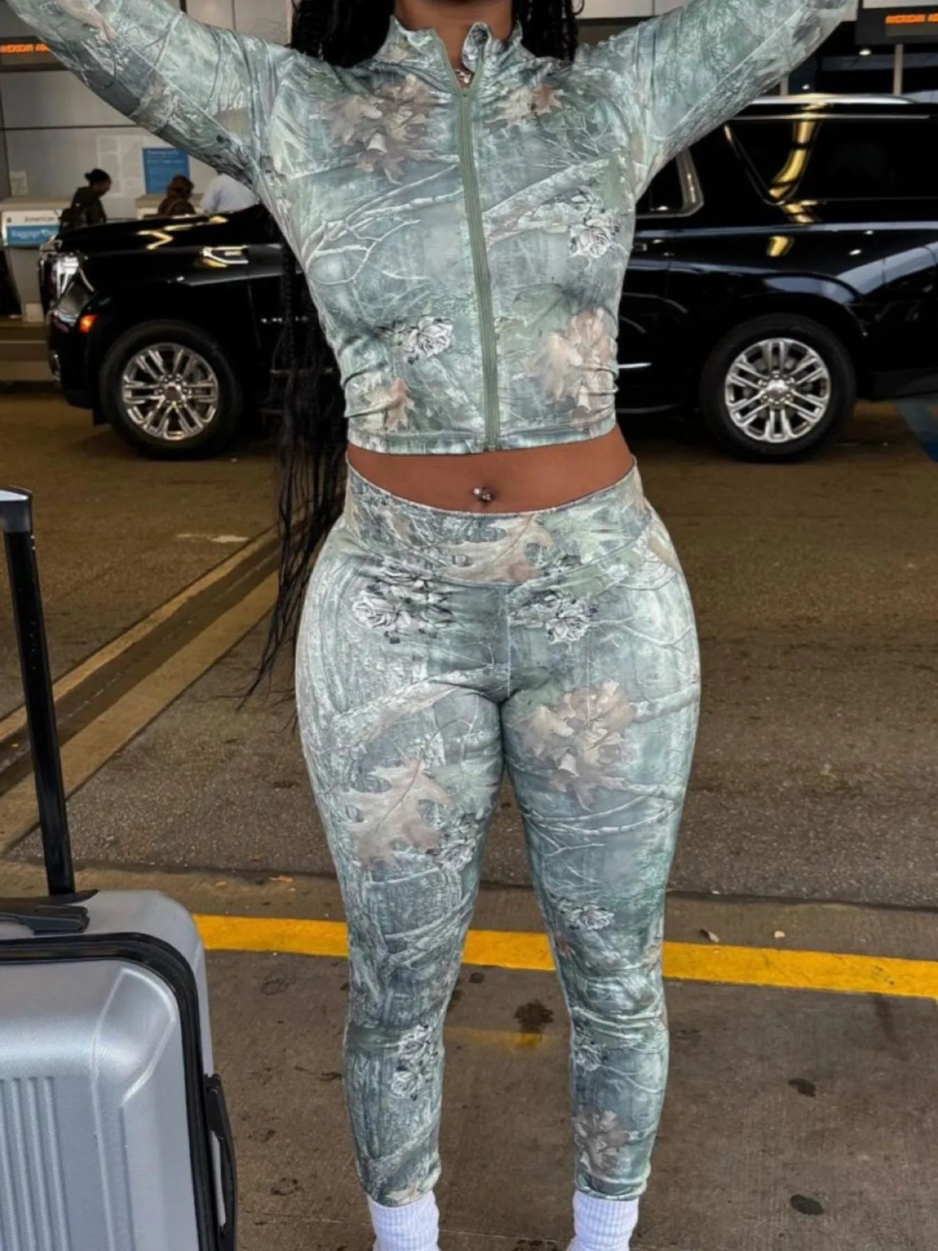 Zip Up Crop Top and Leggings Set OutfitFlow
