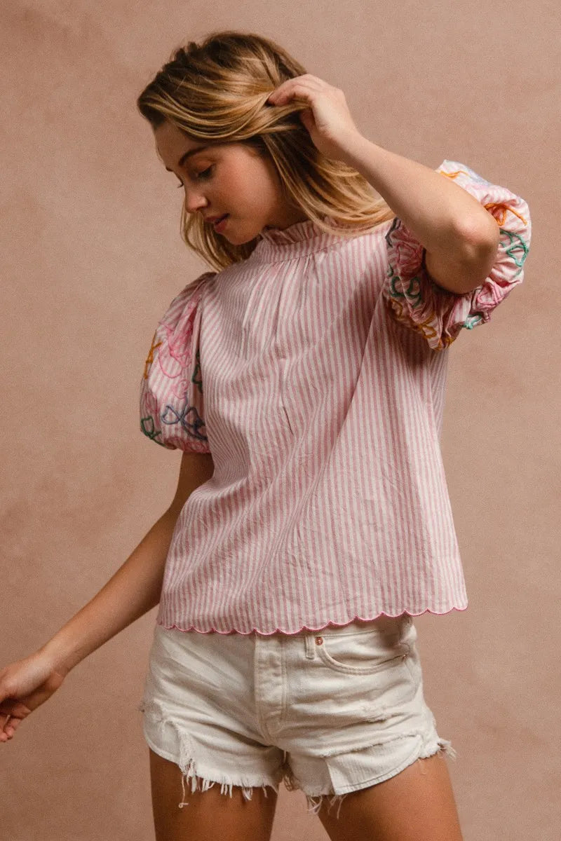 BiBi Embroidery Bubble Sleeve Top With Bottom Scallop Detail OutfitFlow